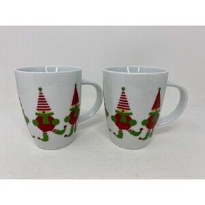 Crate & Barrel Jingle Elf Gnome 15oz Mug Cup x2 White Red Holiday Christmas